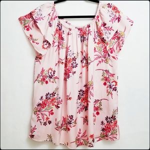 Pink Floral Fluttery Sleeves Top,  Silky Feeling, Size OX, 14W